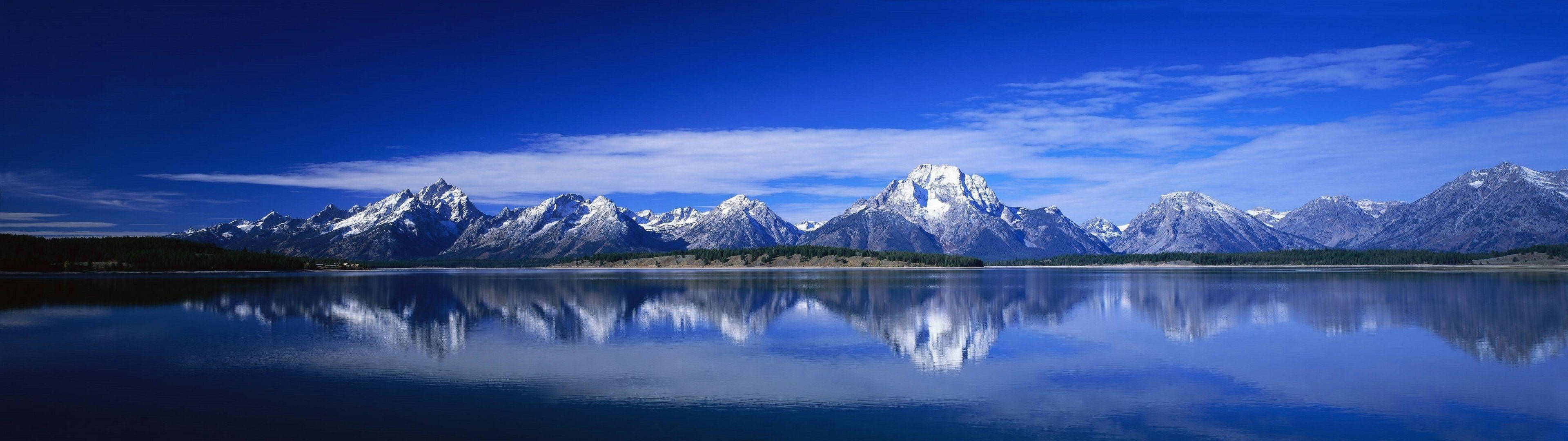 3840x1080 HD ডুয়াল মনিটর পর্বত হ্রদ ওয়ালপেপার