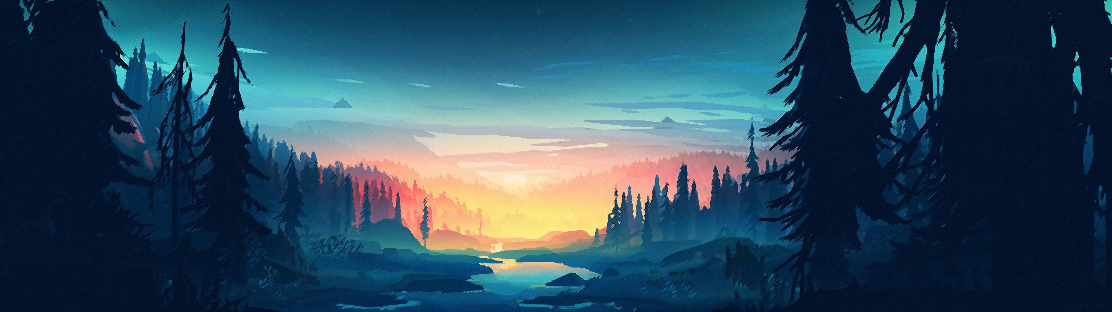 3840x1080 এইচডি ডুয়াল মনিটর প্রকৃতি শিল্প — সূর্যাস্ত ওয়ালপেপার