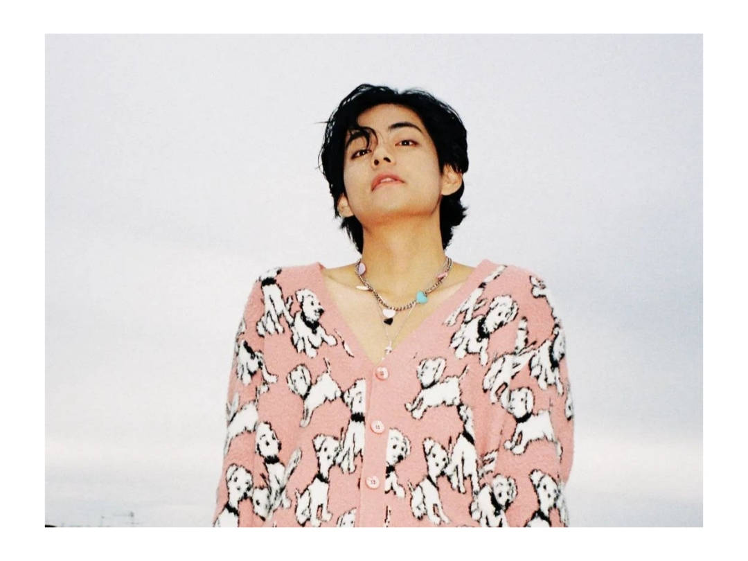 BTS V গোলাপী কুকুরছানা কার্ডিগানে ওয়ালপেপার