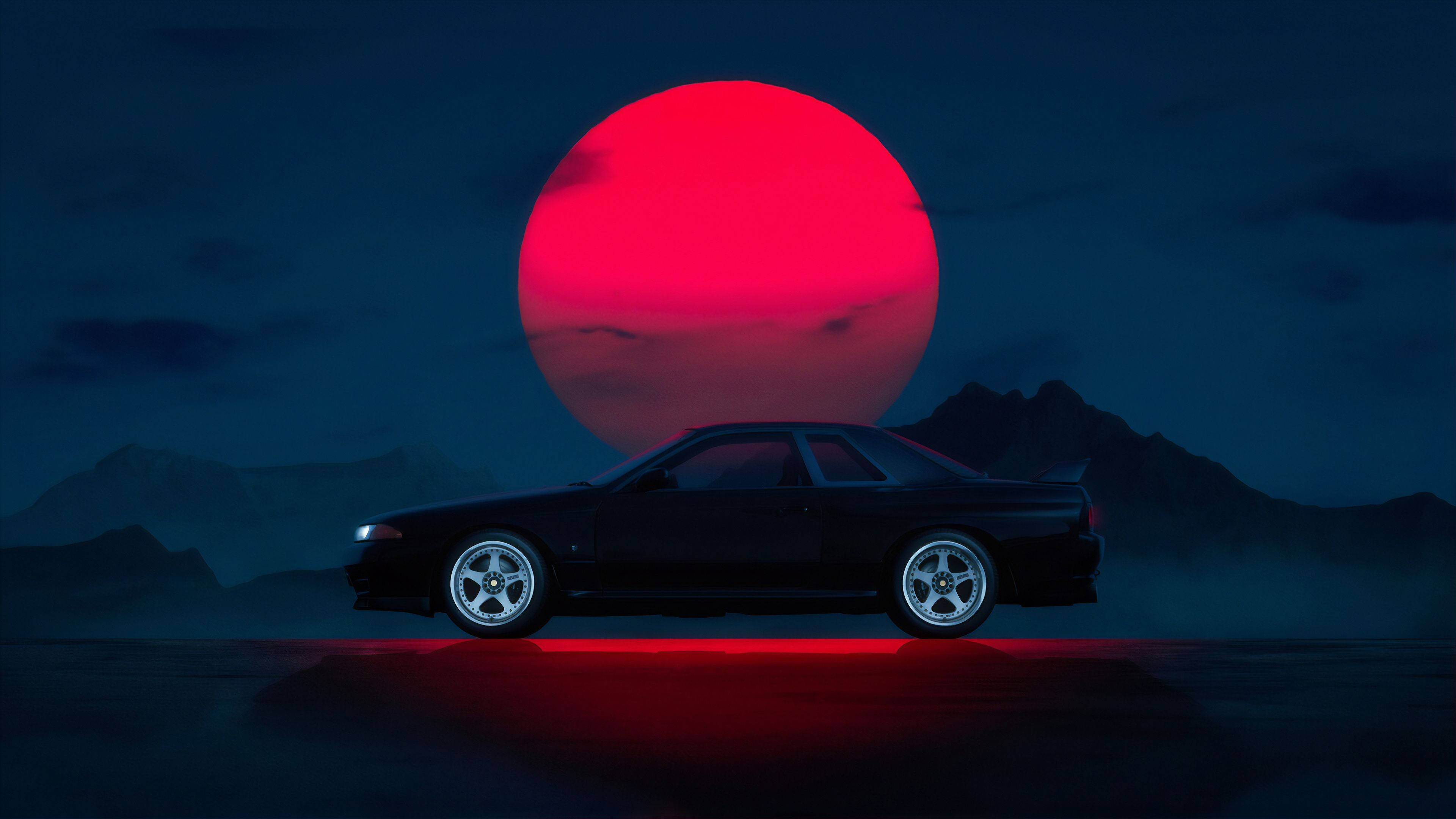 গা dark ় JDM গাড়ি লাল সূর্যের সাথে ওয়ালপেপার