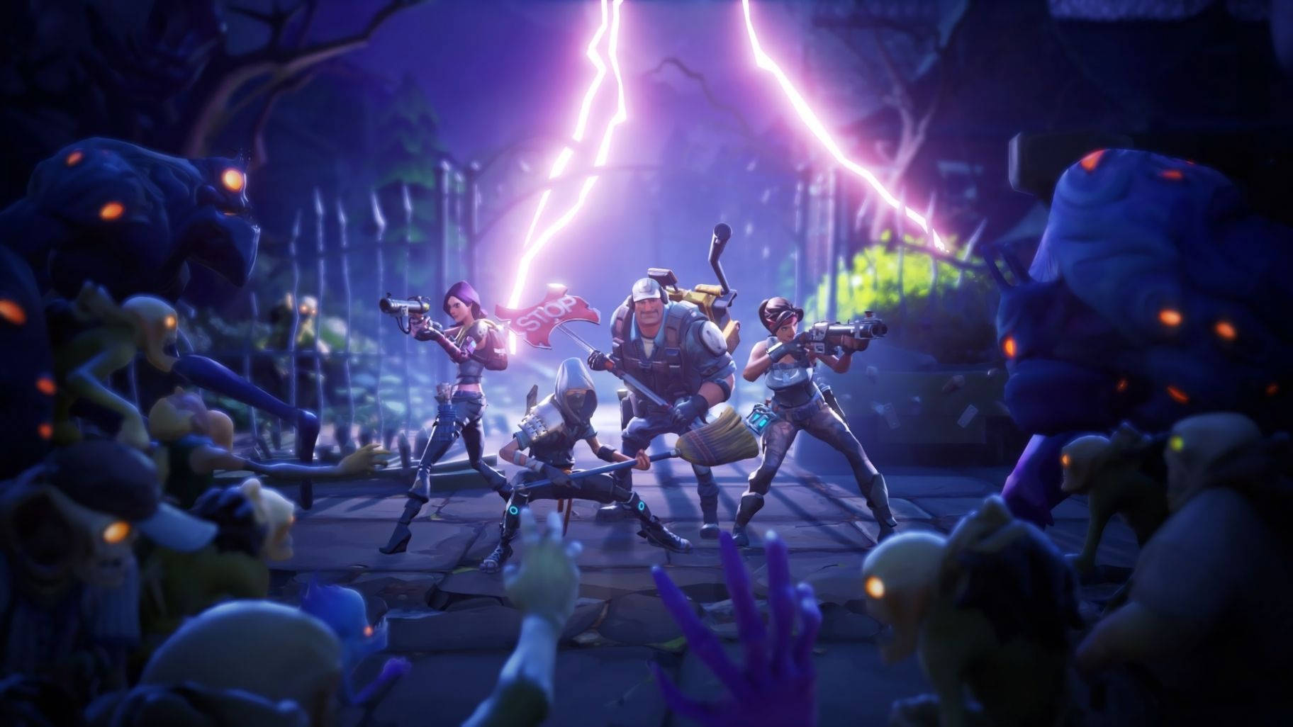 Fortnite-এর জম্বি সেনাবাহিনী এবং সাহসী স্কোয়াডের মধ্যে উত্তেজনাপূর্ণ যুদ্ধে জুম করা ওয়ালপেপার