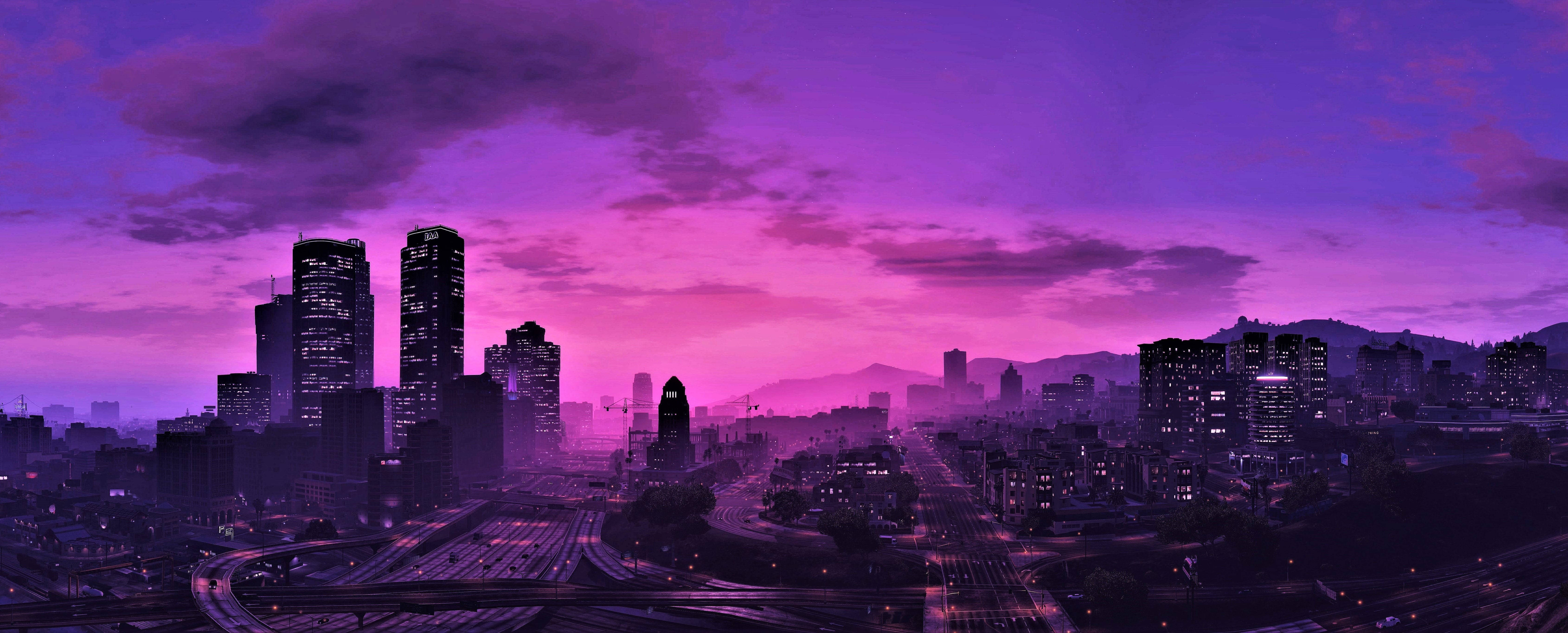GTA 5 বেগুনি স্কাইলাইন 1080p গেমিং ওয়ালপেপার