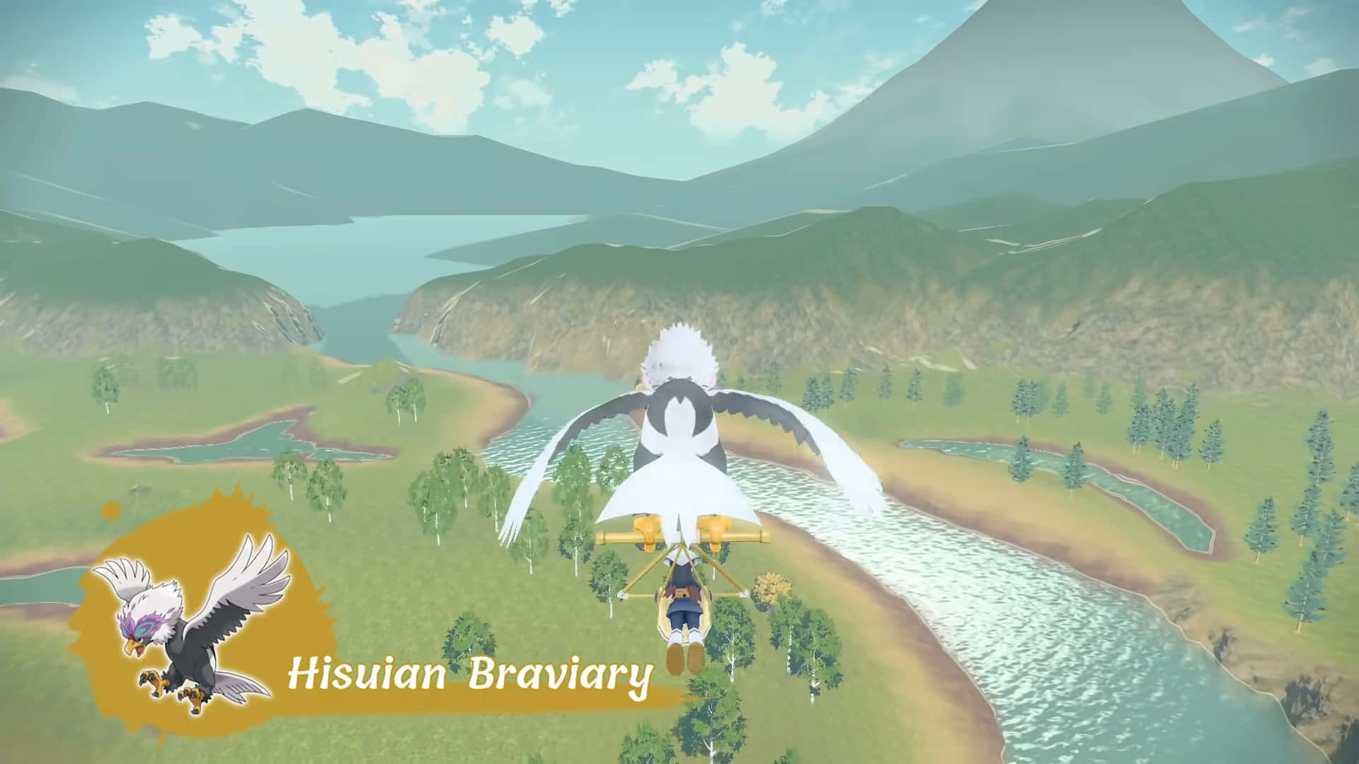 Hisuian Braviary নদীর উপর দিয়ে উড়ছে ওয়ালপেপার