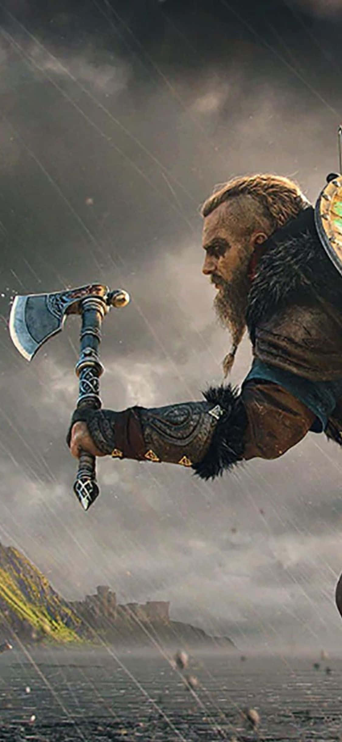iPhone XS Assassin's Creed Valhalla বৃষ্টিতে ভাইকিং যোদ্ধার ব্যাকগ্রাউন্ড ওয়ালপেপার