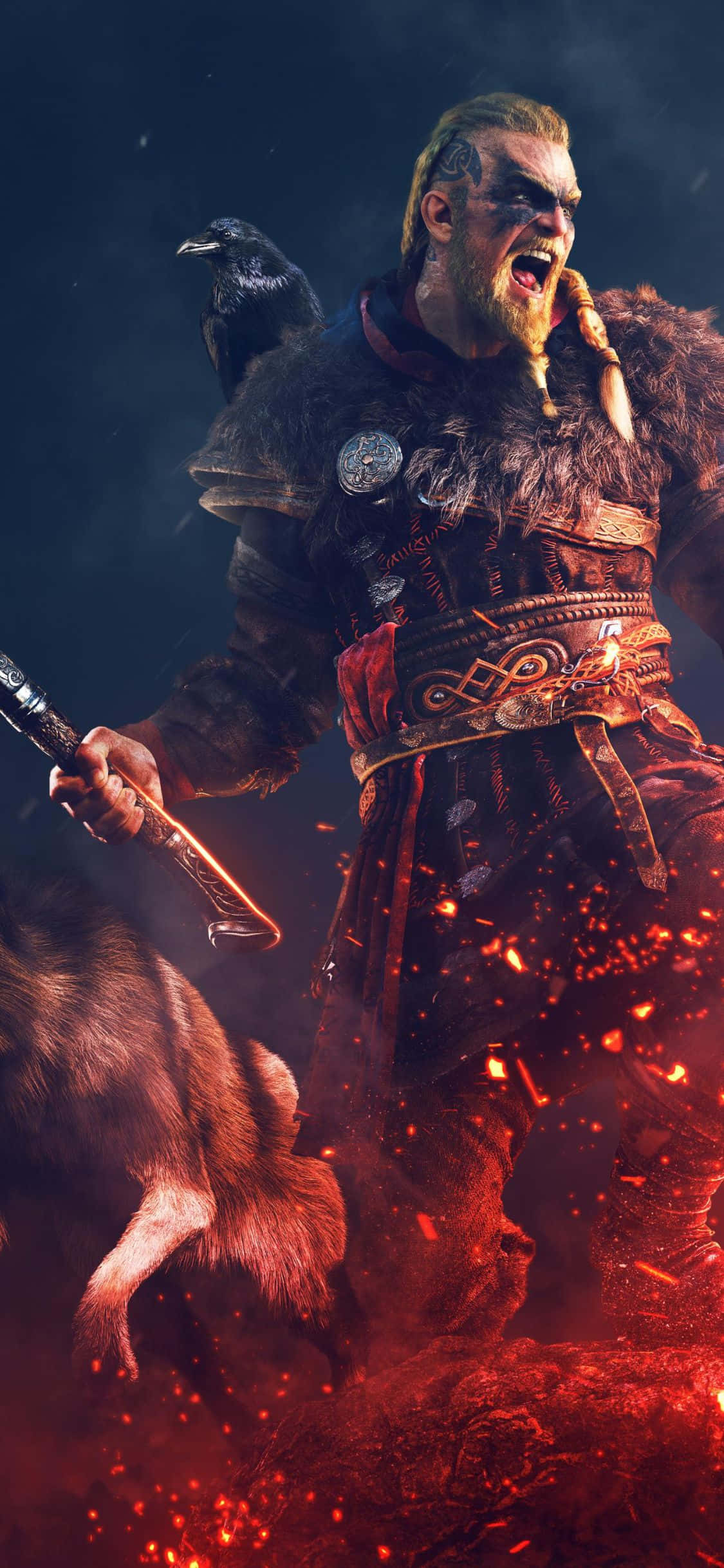 iPhone XS Assassin's Creed Valhalla ইভোর আগুনের মুখোমুখি ব্যাকগ্রাউন্ড ওয়ালপেপার