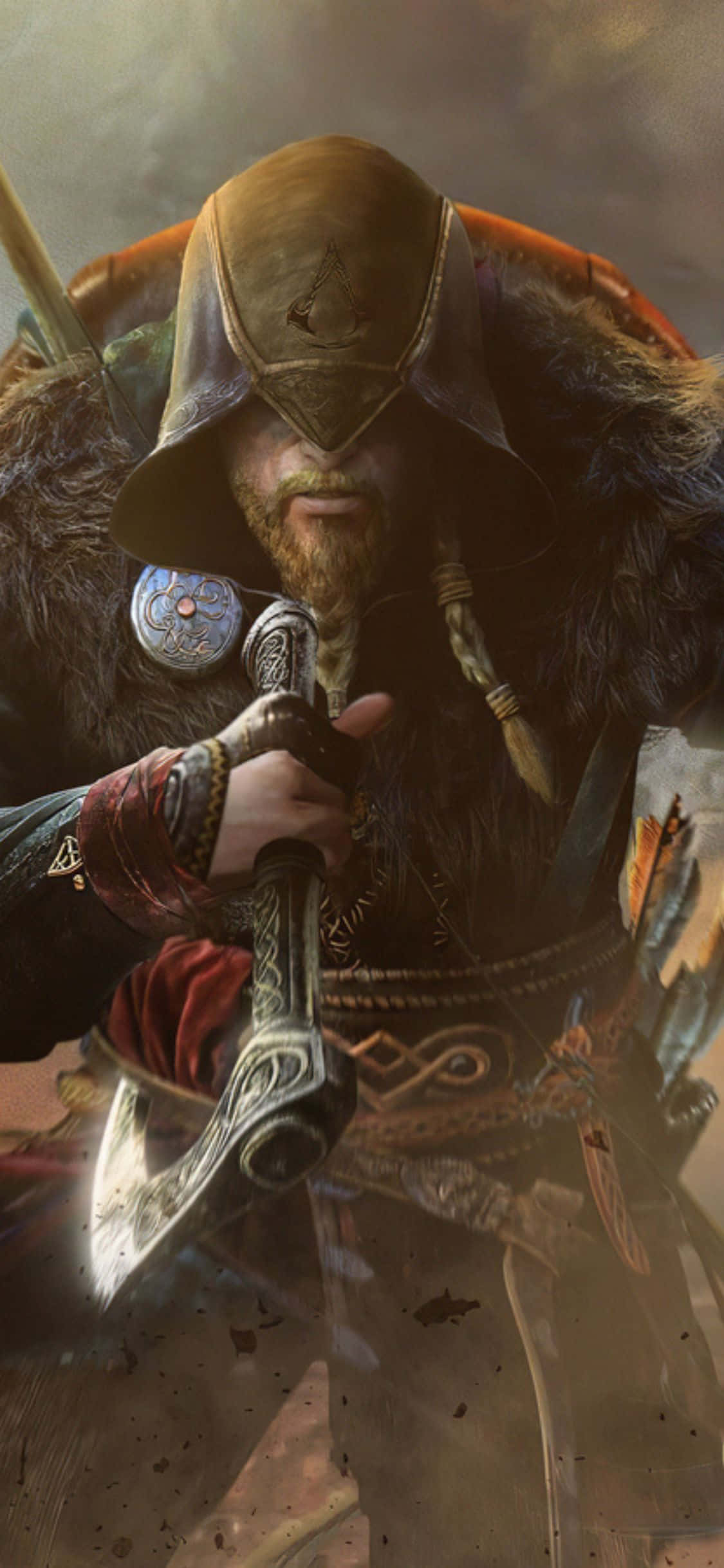 iPhone XS Assassin's Creed Valhalla হুডযুক্ত ভাইকিং কুড়ালসহ ব্যাকগ্রাউন্ড ওয়ালপেপার