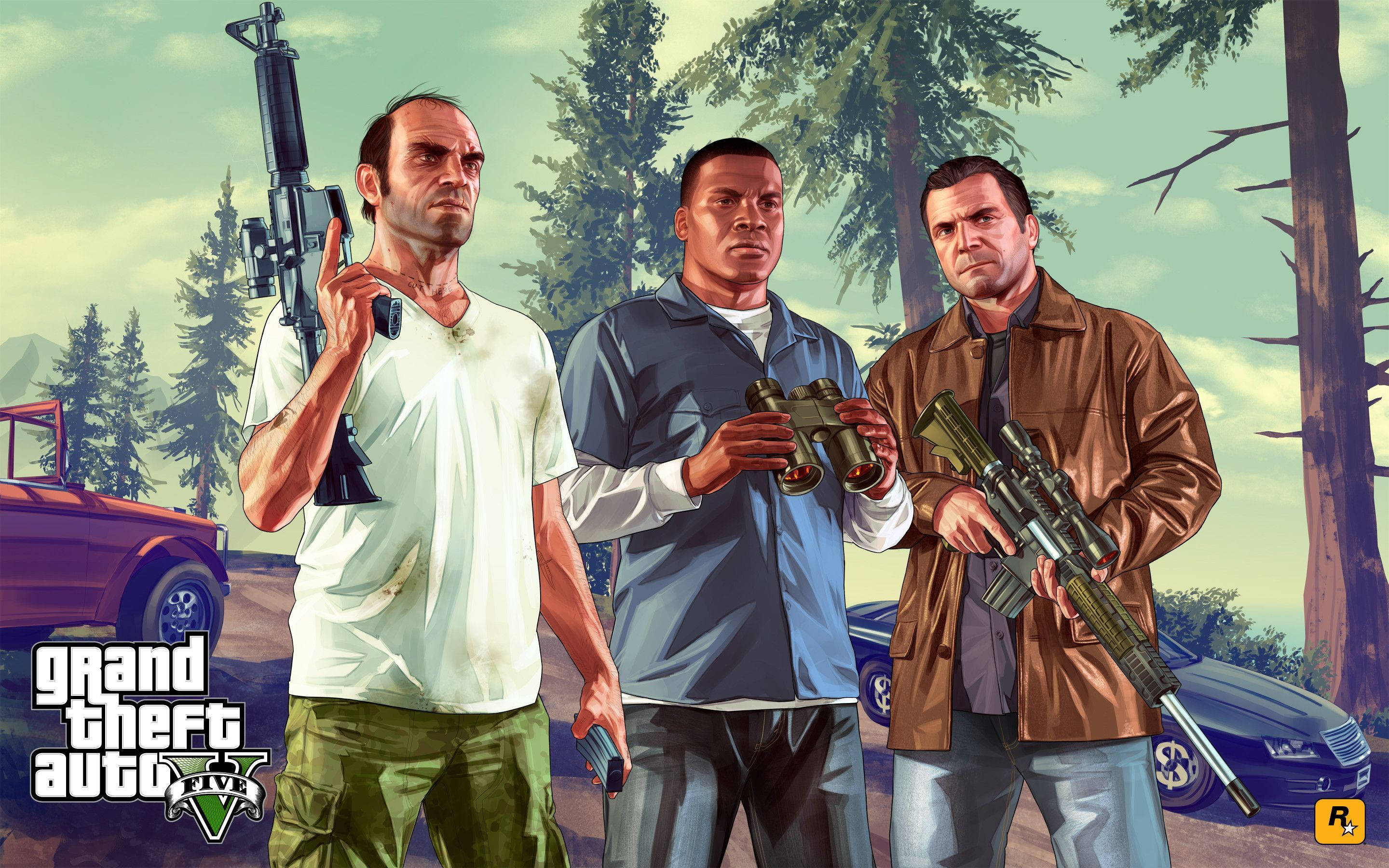 ৪K GTA 5 ট্রেভর ফ্র্যাঙ্কলিন মাইকেল বন্দুক সহ ওয়ালপেপার