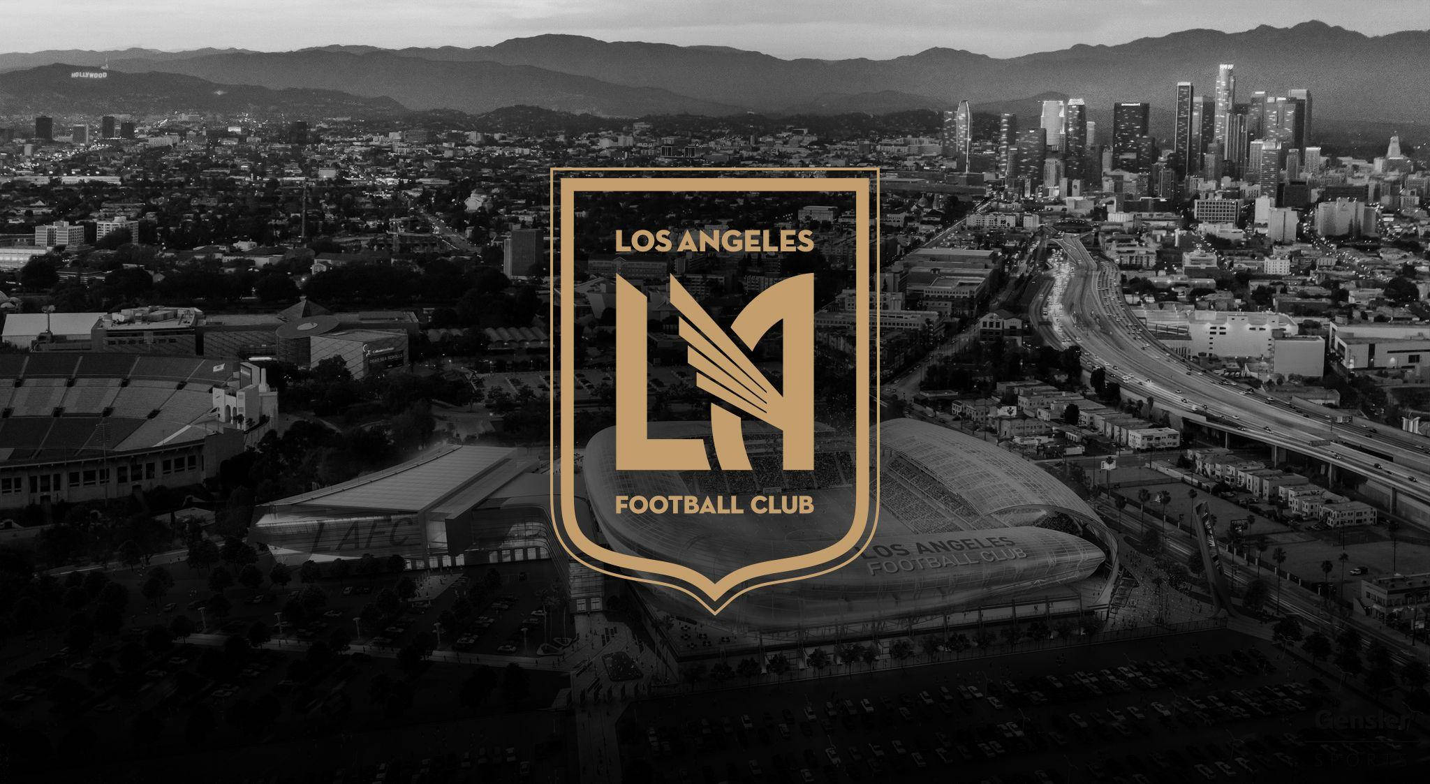 LAFC লোগো সাদা-কালো শহরের সাথে ওয়ালপেপার