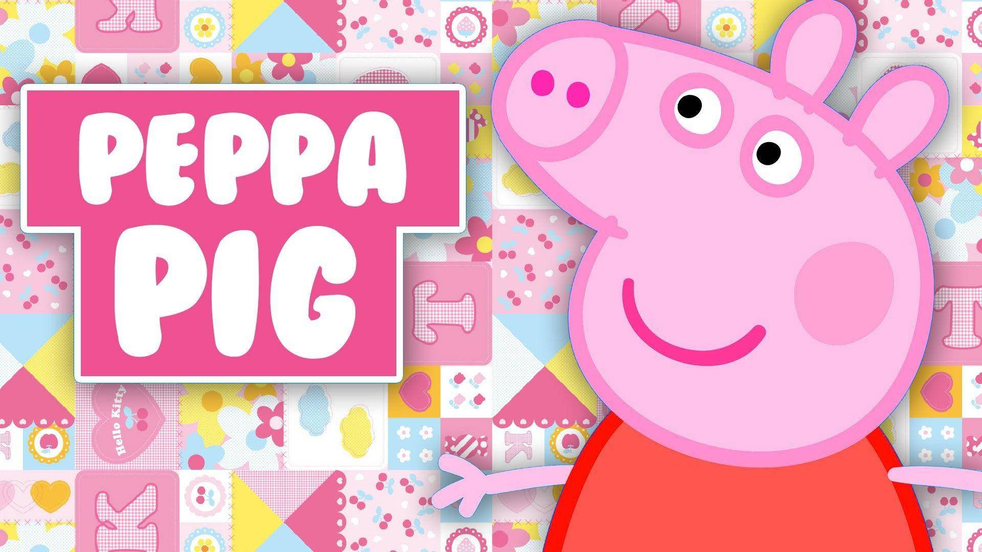 আদরনীয় Peppa Pig ট্যাবলেট Hello Kitty ব্যাকড্রপে প্রদর্শিত ওয়ালপেপার