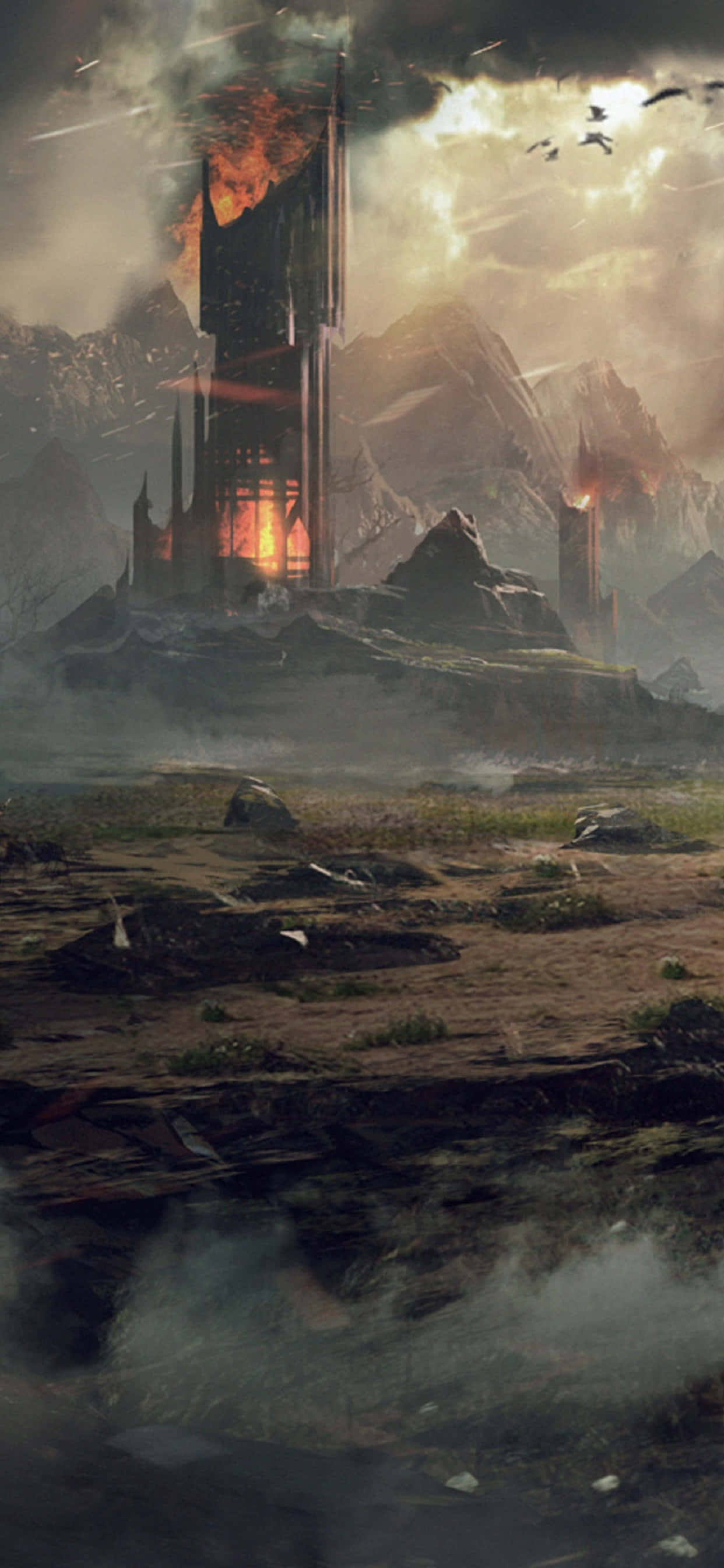 আইফোন XS Max এ Shadow of Mordor ব্যাকগ্রাউন্ড চিত্রিত মহাকাব্যিক যুদ্ধের দৃশ্য ওয়ালপেপার