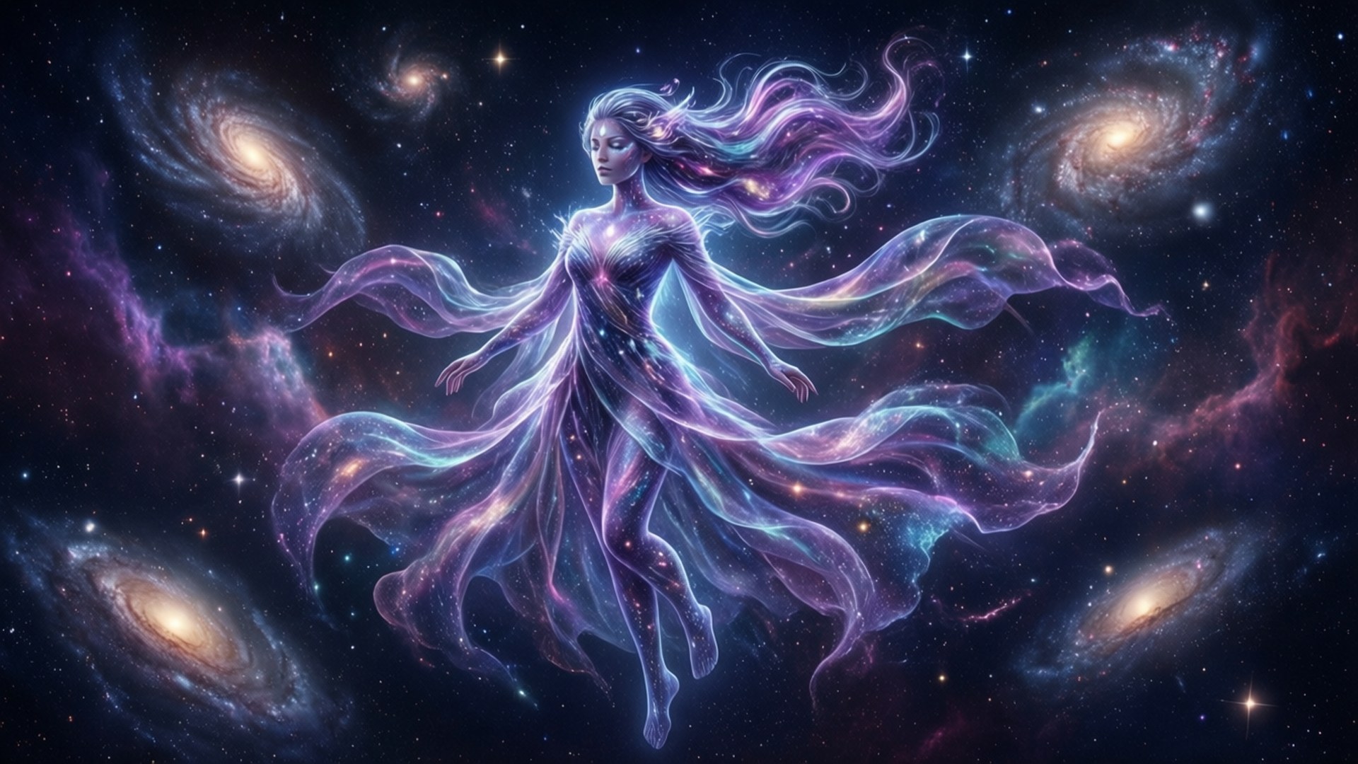 আস্ট্রা নক্ষত্র ও ছায়াপথের সাথে মহাকাশে ভাসছে — ভ্যালোরেন্ট ওয়ালপেপার