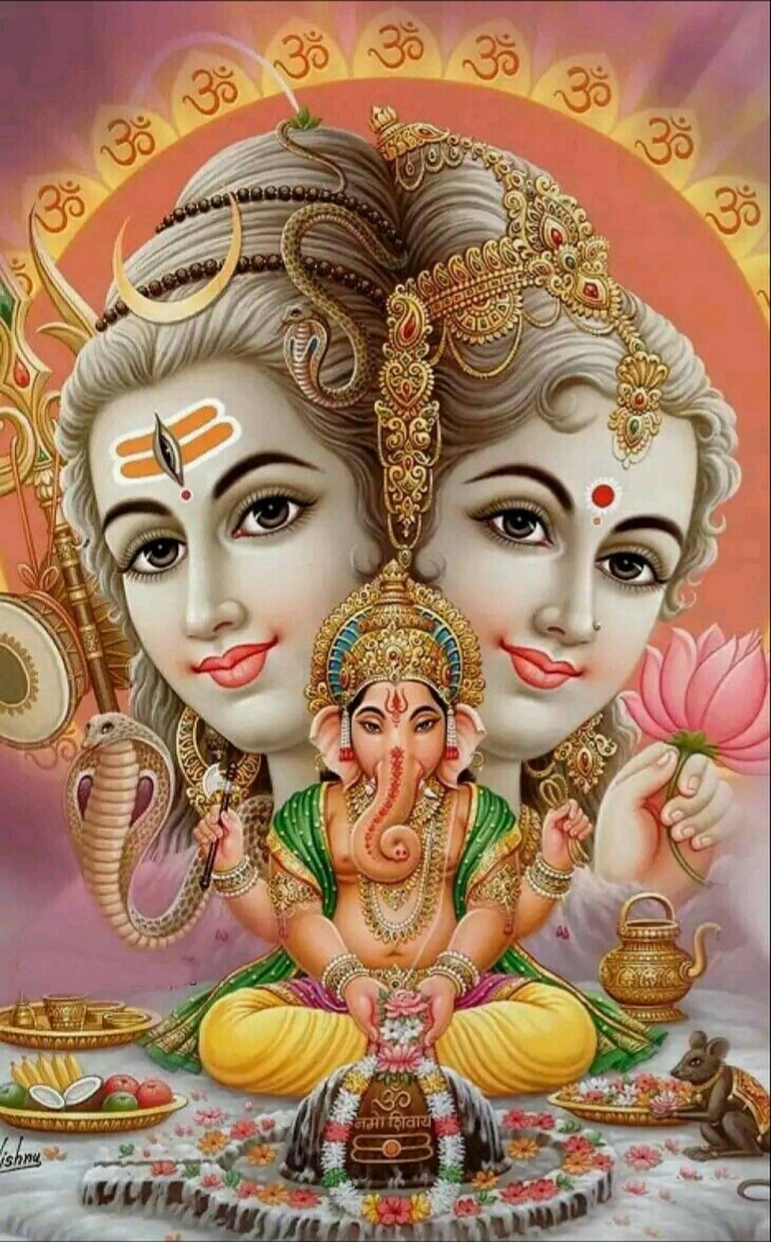 উৎসবমুখর শিব পার্বতী মিশ্রিত মাথা ও গণেশ ওয়ালপেপার