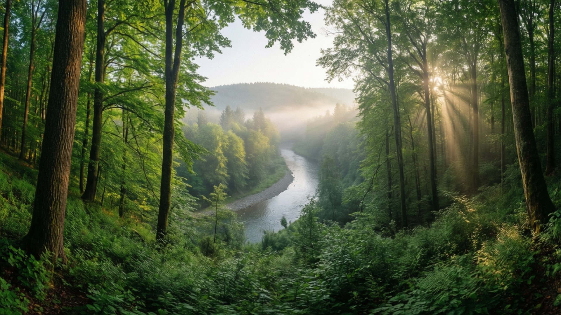 কুয়াশাচ্ছন্ন বন নদী ওয়ালপেপার