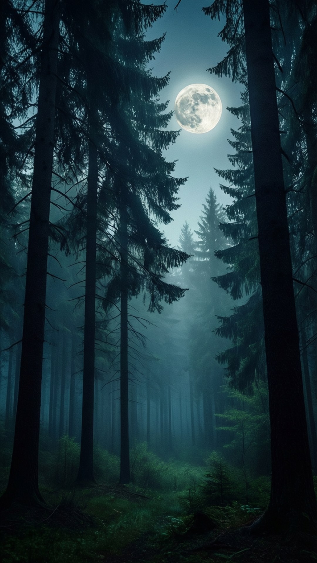 কুয়াশাচ্ছন্ন বন ও চাঁদ ওয়ালপেপার