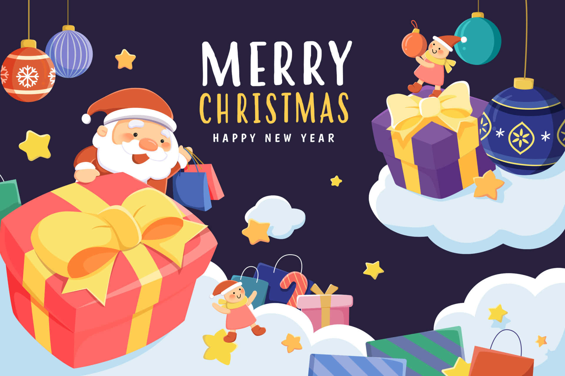 ক্রিসমাস এলফ, সান্তা এবং উপহারসহ শুভেচ্ছা কার্ড ওয়ালপেপার