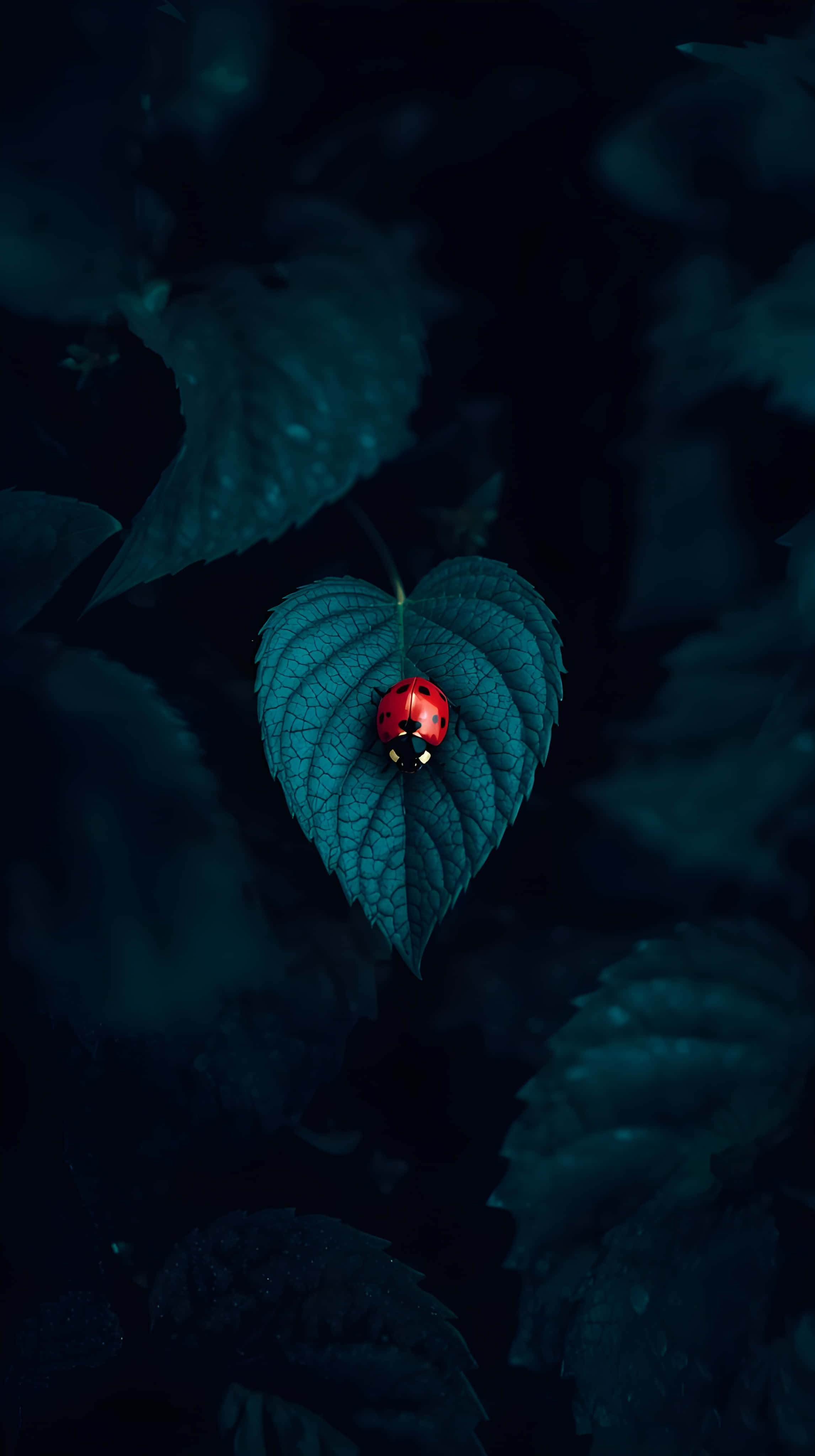 গভীর টিল রঙের পাতায় লেডিবাগ ওয়ালপেপার