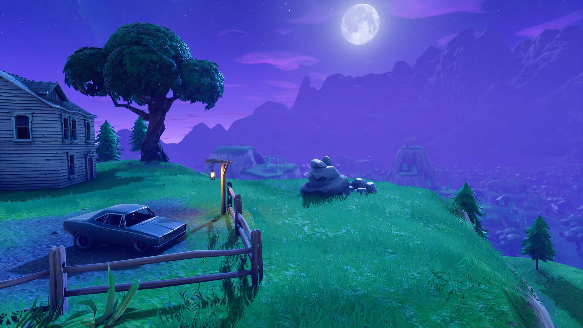 Fortnite-এ পূর্ণিমা সহ রাতের এবং শান্তিপূর্ণ দৃশ্য HD ওয়ালপেপার।