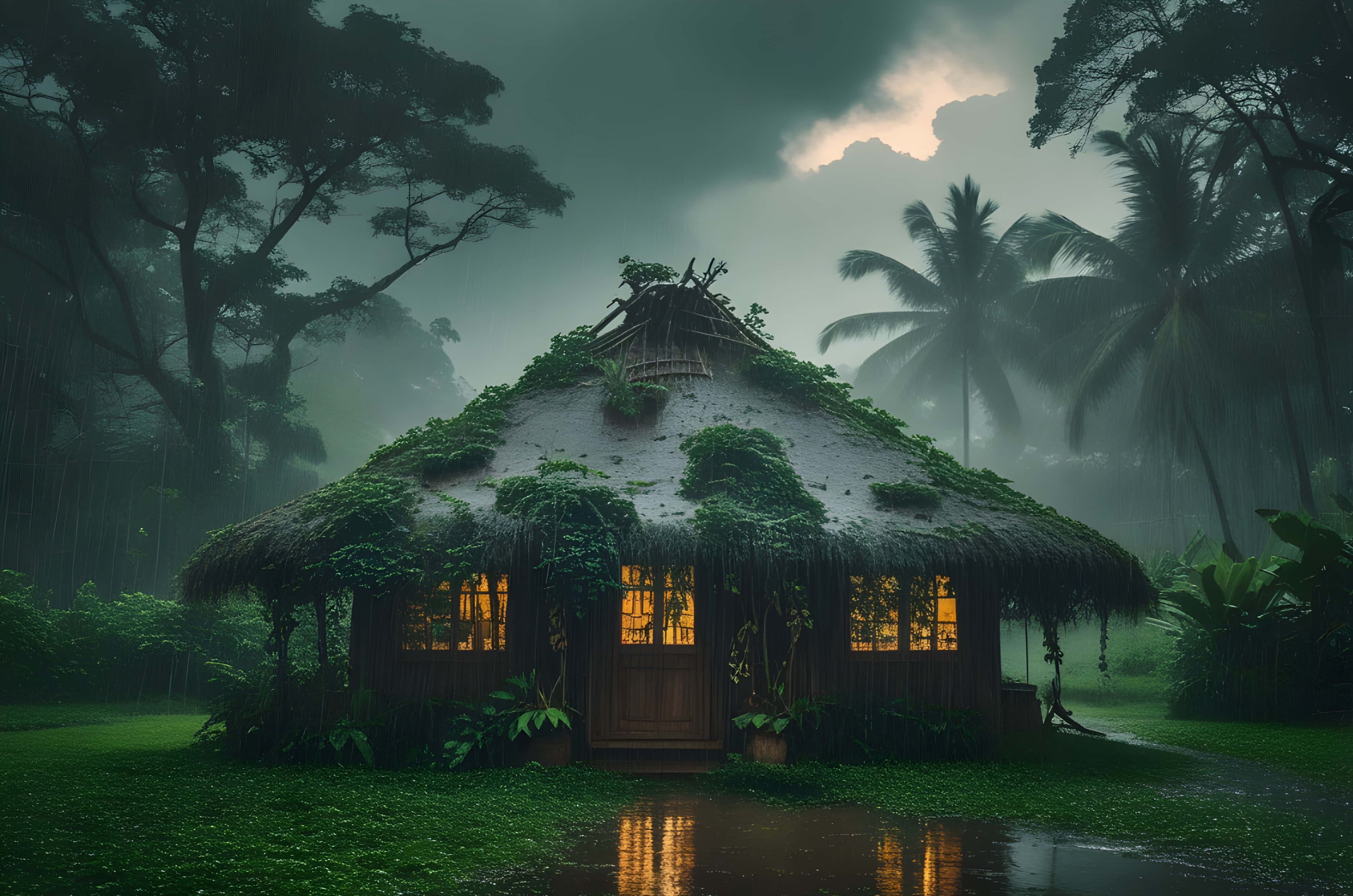 ছোট্ট একটি বাড়ির সাথে বর্ষাকাল ওয়ালপেপার