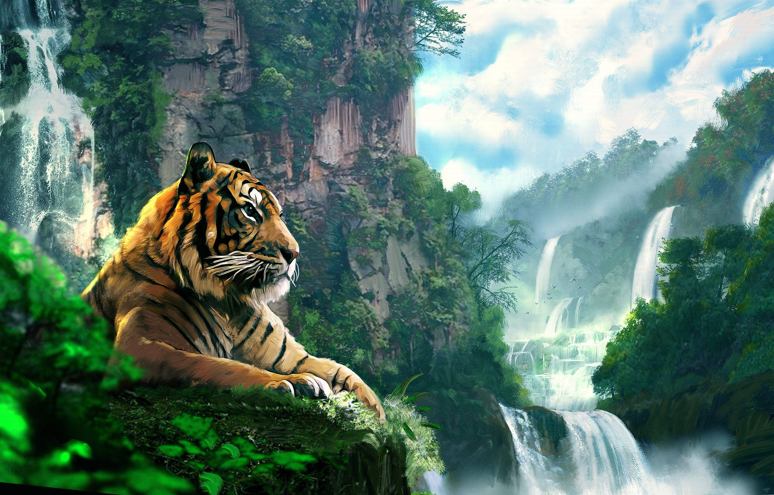 জলপ্রপাতের পাশে বাঘের চিত্রকর্ম ওয়ালপেপার
