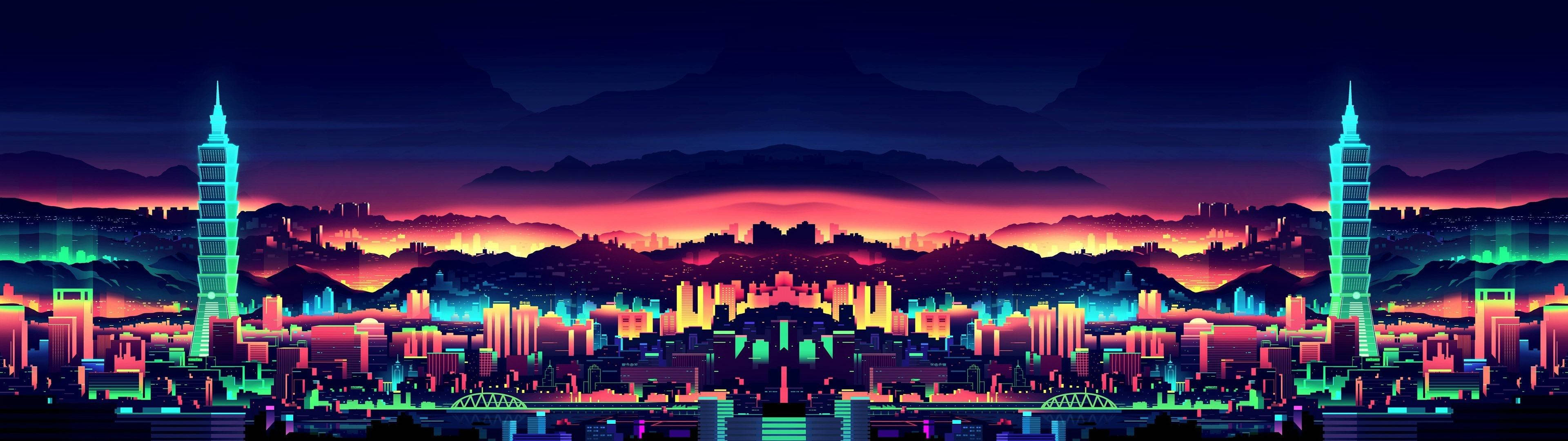 3840x1080 HD ডুয়াল মনিটর সিটি আর্ট