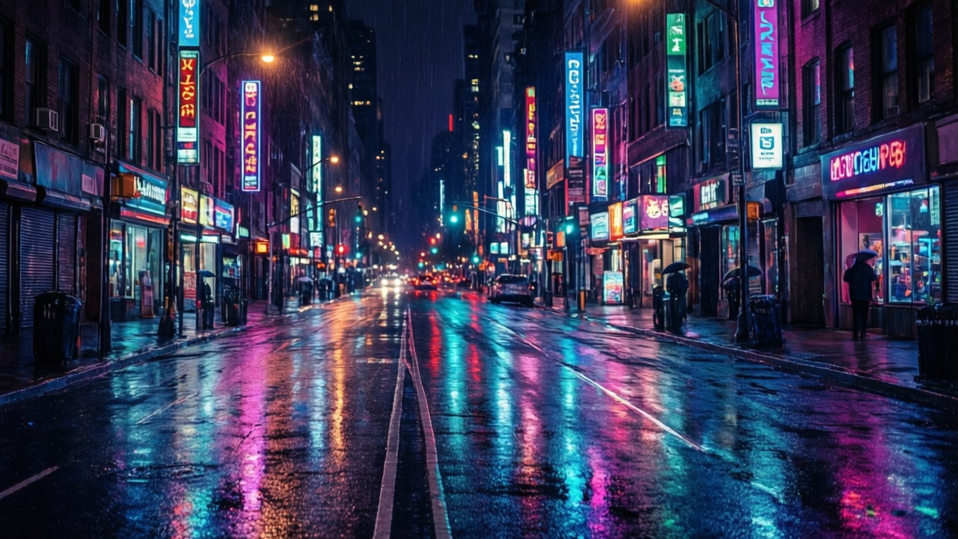 নিয়ন বৃষ্টির শহরের রাত ওয়ালপেপার