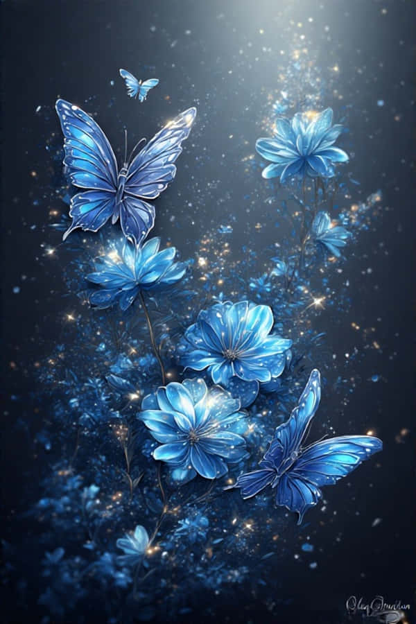 নীল ফুল এবং জ্বলজ্বলে প্রজাপতি ওয়ালপেপার