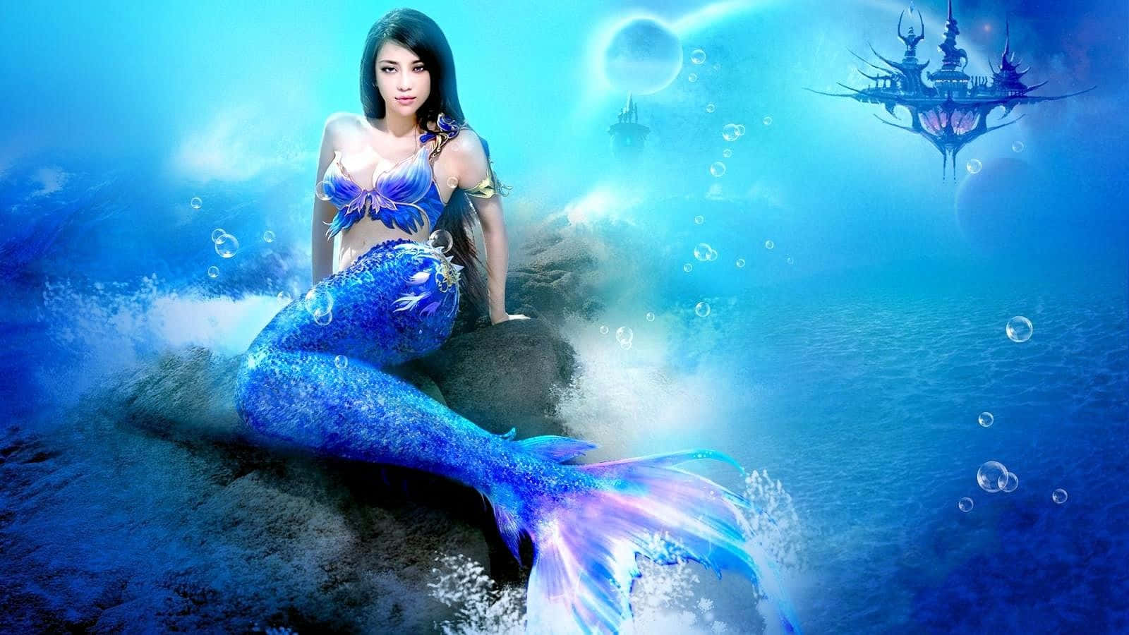 নীল লেজ ও মারমেইড দুর্গসহ মারমেইড ওয়ালপেপার