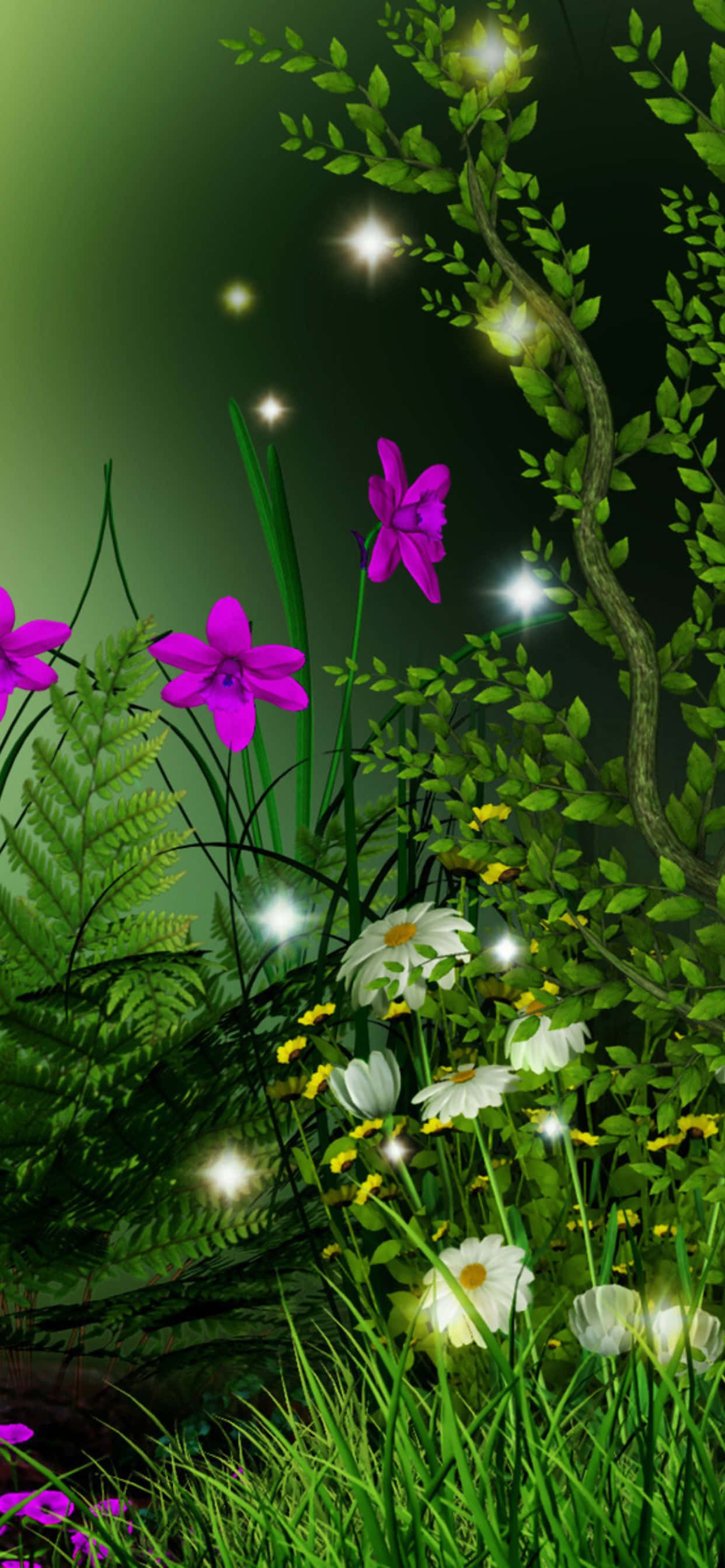 ফুল ও প্রজাপতি সহ একটি সবুজ বন ওয়ালপেপার