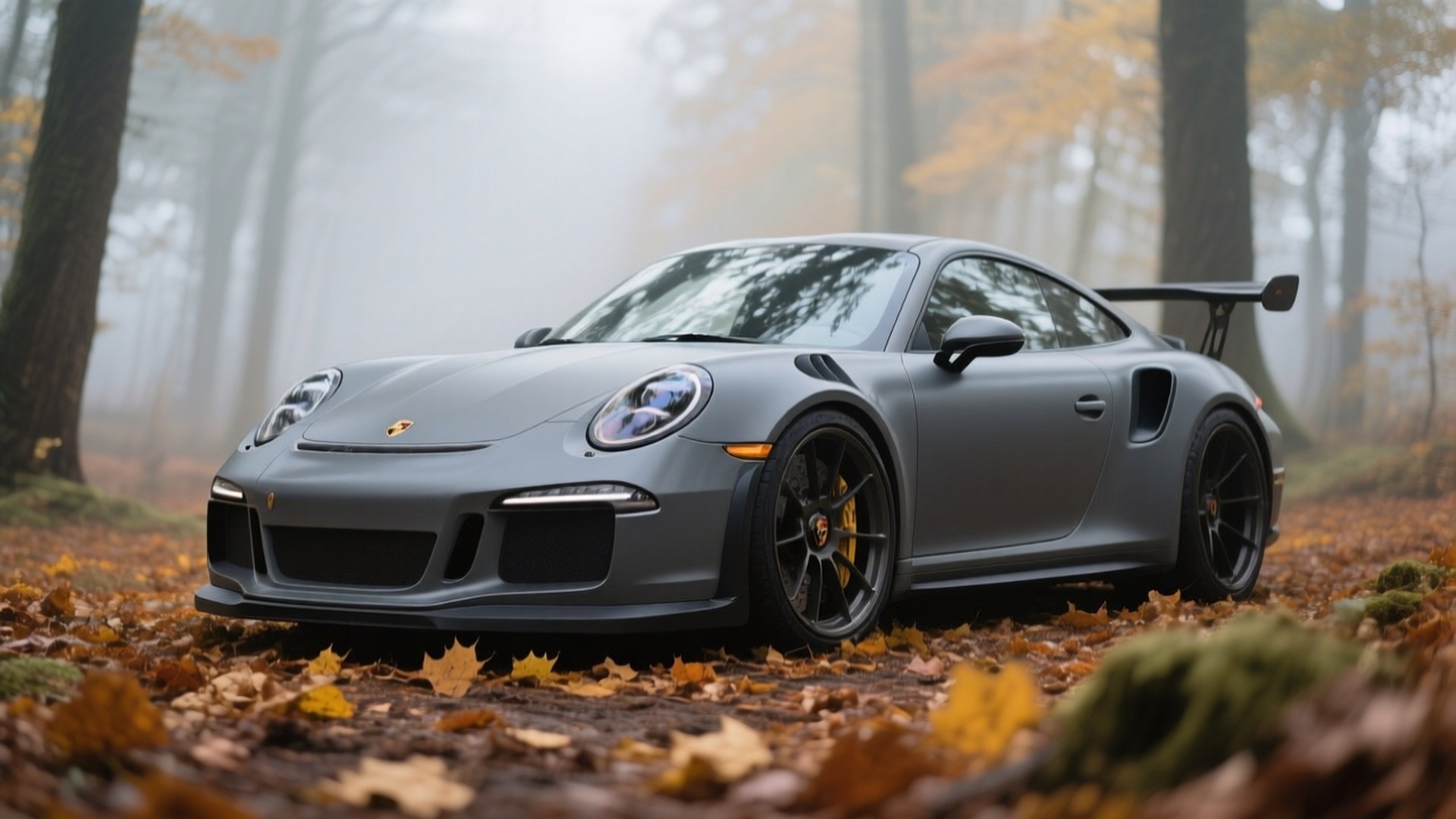 শরতের বনে ম্যাট গ্রে পোর্শে 911 GT3 RS — কুল গাড়ি ওয়ালপেপার