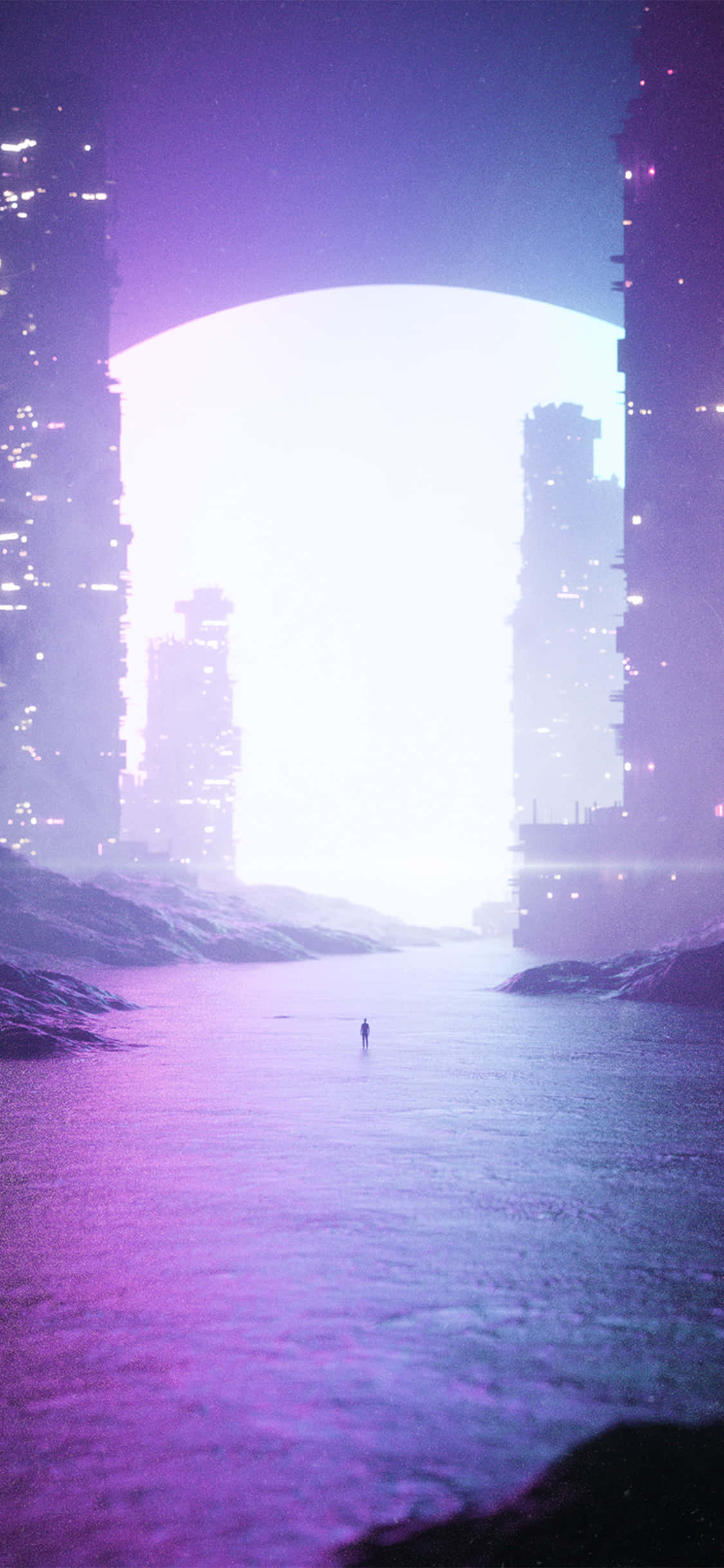 a city with a purple sky and a city in the background ওয়ালপেপার