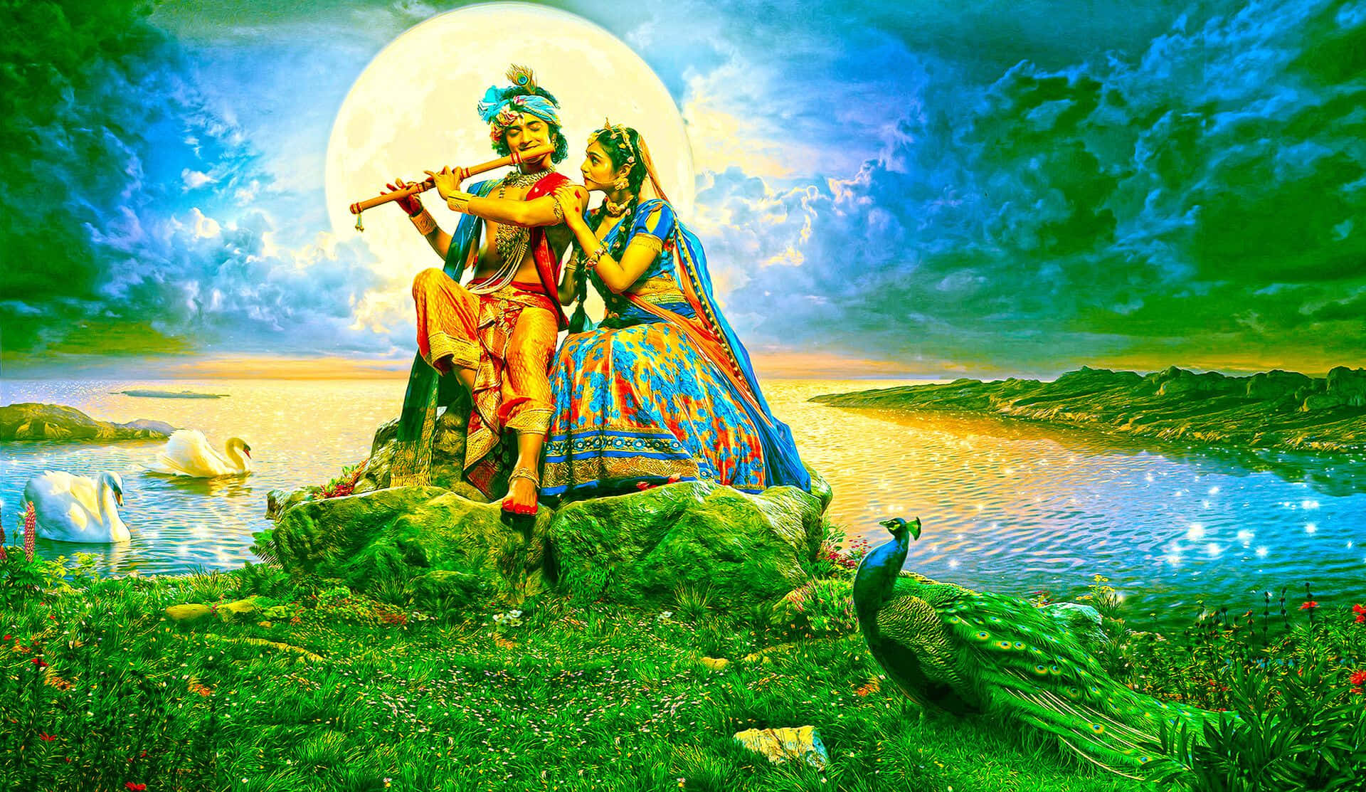 ভক্তিমূলক রাধা-কৃষ্ণের দিব্য প্রেমের সৌন্দর্য ওয়ালপেপার