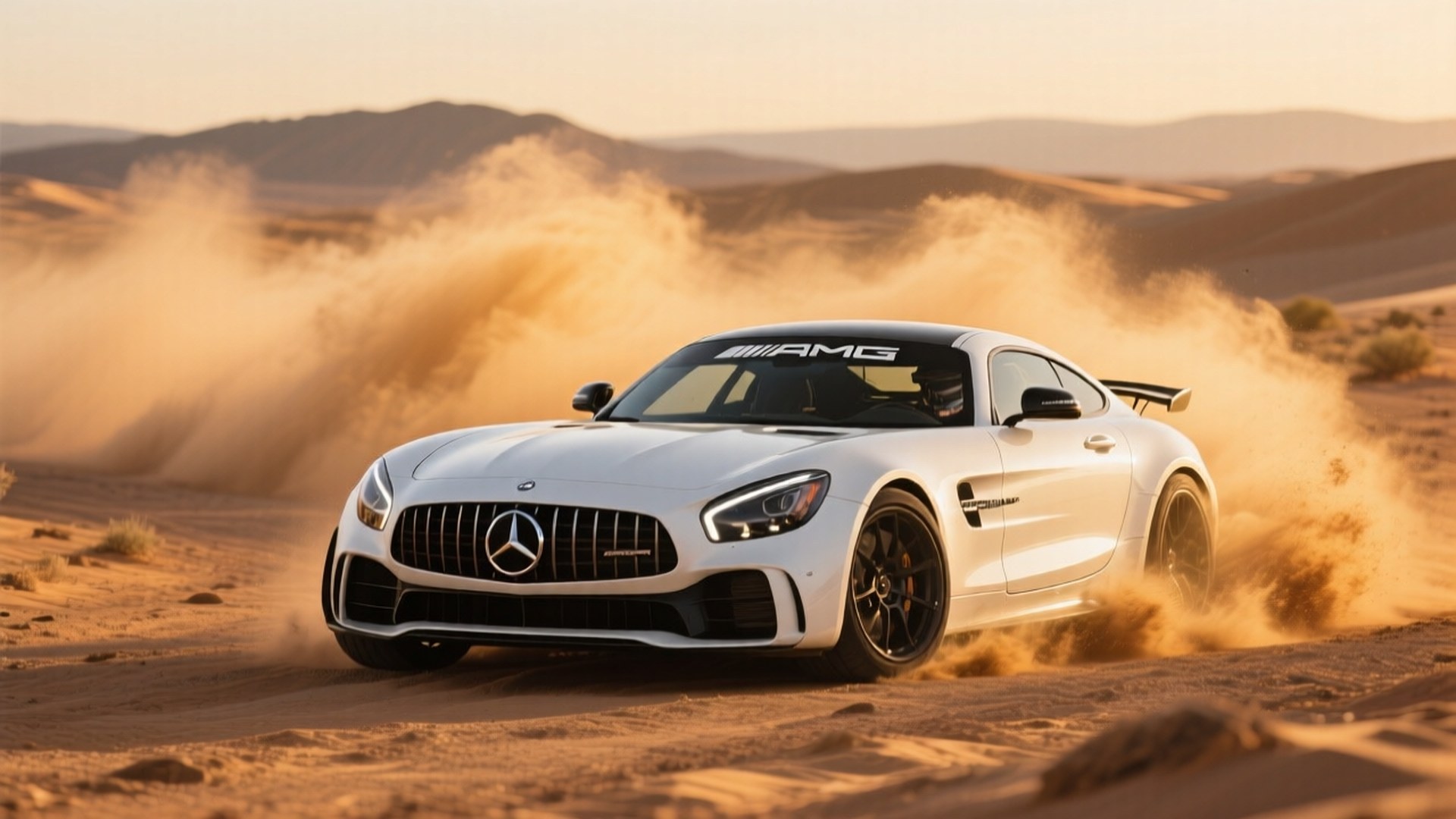 সোনালী ঘন্টায় মরুভূমিতে সাদা Mercedes-AMG GT R ড্রিফট করছে — কুল গাড়ি ওয়ালপেপার
