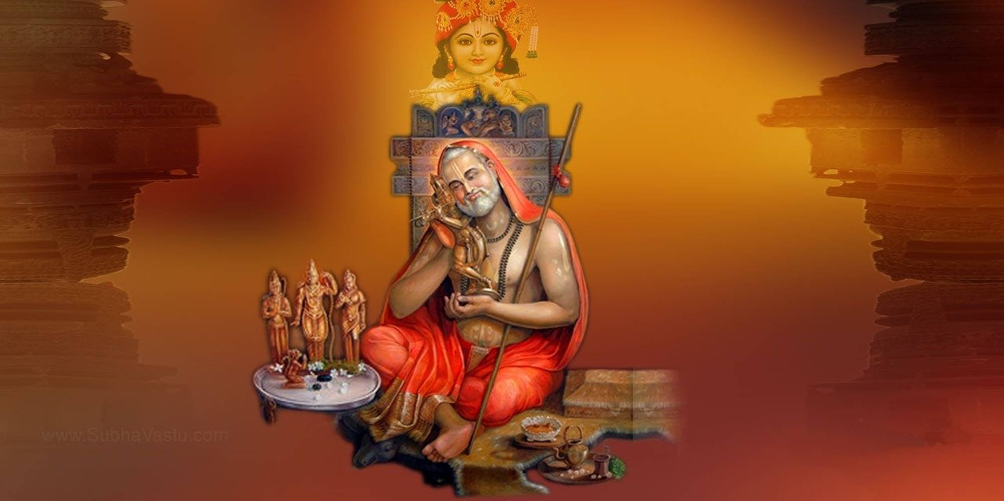 শান্ত দিব্য দৃশ্য - পবিত্র ভারতীয় মূর্তি দ্বারা পরিবেষ্টিত শ্রী রাঘবেন্দ্র স্বামী। ওয়ালপেপার
