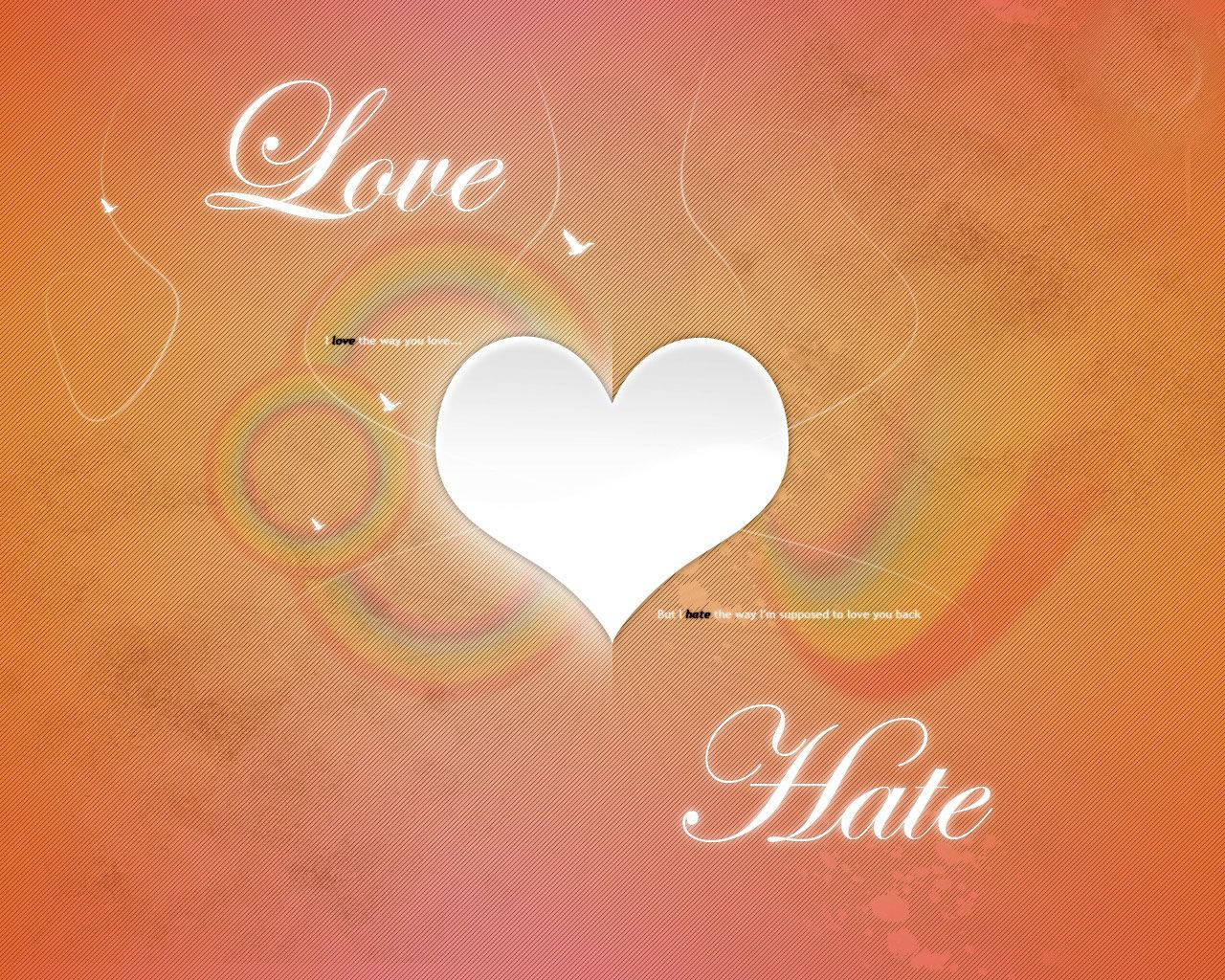 কমলা ব্যাকগ্রাউন্ডে বিবর্ণ রংধনু সহ "love" এবং "hate" লেখা সাদা রোমান্টিক হৃদয়। — ভালোবাসা ওয়ালপেপার