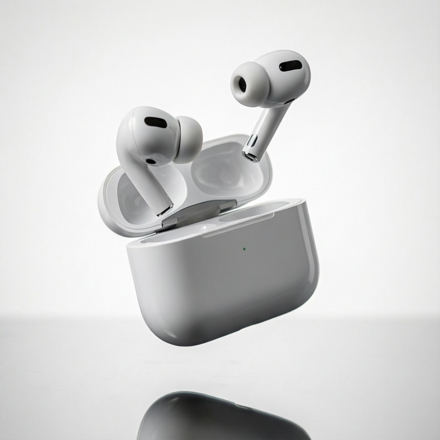 বাতাসে ভাসমান AirPods, পণ্য ফটোগ্রাফি