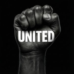 কালো মুষ্টি যার সাথে 'UNITED' লেখা, টাইপোগ্রাফিক শৈলী। — টেকনো ফ্যান্টম ভি ফ্লিপ ওয়ালপেপার