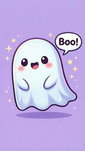 বন্ধুত্বপূর্ণ ভাবে 'বু' বলছে এমন একটি চতুর কাওয়াই ভূত। — আইফোন এসই ওয়ালপেপার