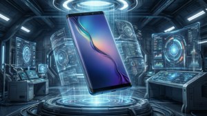 হলোগ্রাফিক ল্যাবে ভাসমান গ্যালাক্সি S10 সহ সাই-ফাই ওয়ালপেপার।