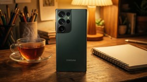 কাঠের ডেস্কে চা এবং নোটবুকের সাথে S24 Ultra, আরামদায়ক পড়ার ঘরের পরিবেশ।