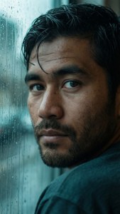 টাকুর ক্লোজ-আপ, পেছনে জানালায় বৃষ্টি — সমুদ্রের ঢেউ ওয়ালপেপার