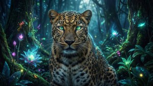 রাতে বায়োলুমিনেসেন্ট বনে চিতাবাঘ, জাদুকরী।