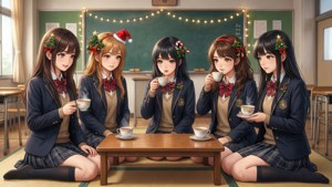 অ্যানিমে স্কুলছাত্রীরা শ্রেণীকক্ষে ক্রিসমাস কোটাতসু উপভোগ করছে