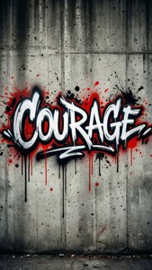 কংক্রিটের উপর লাল ও কালো ছোপযুক্ত সাহসী গ্রাফিতি 'সাহস', শহুরে গ্রঞ্জ শৈলী। — নান্দনিক শব্দ ওয়ালপেপার